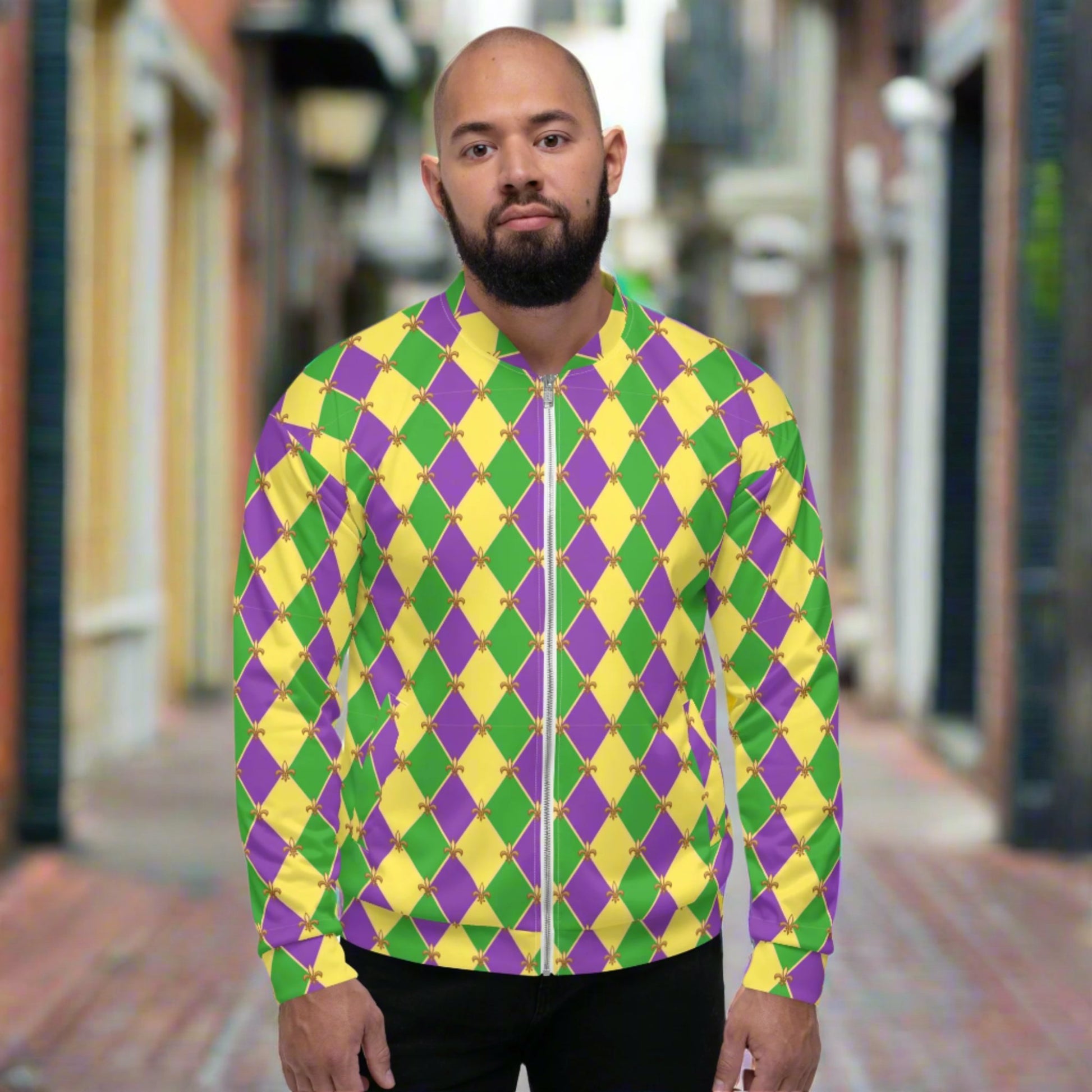 Image: Unisex bomber jacket, with a gold, green and purple diamond fleur de lis pattern. Perfect for your New Orleans Mardi gras parade, the French Quarter, or anywhere you want to be the life of the party, by jaecrece