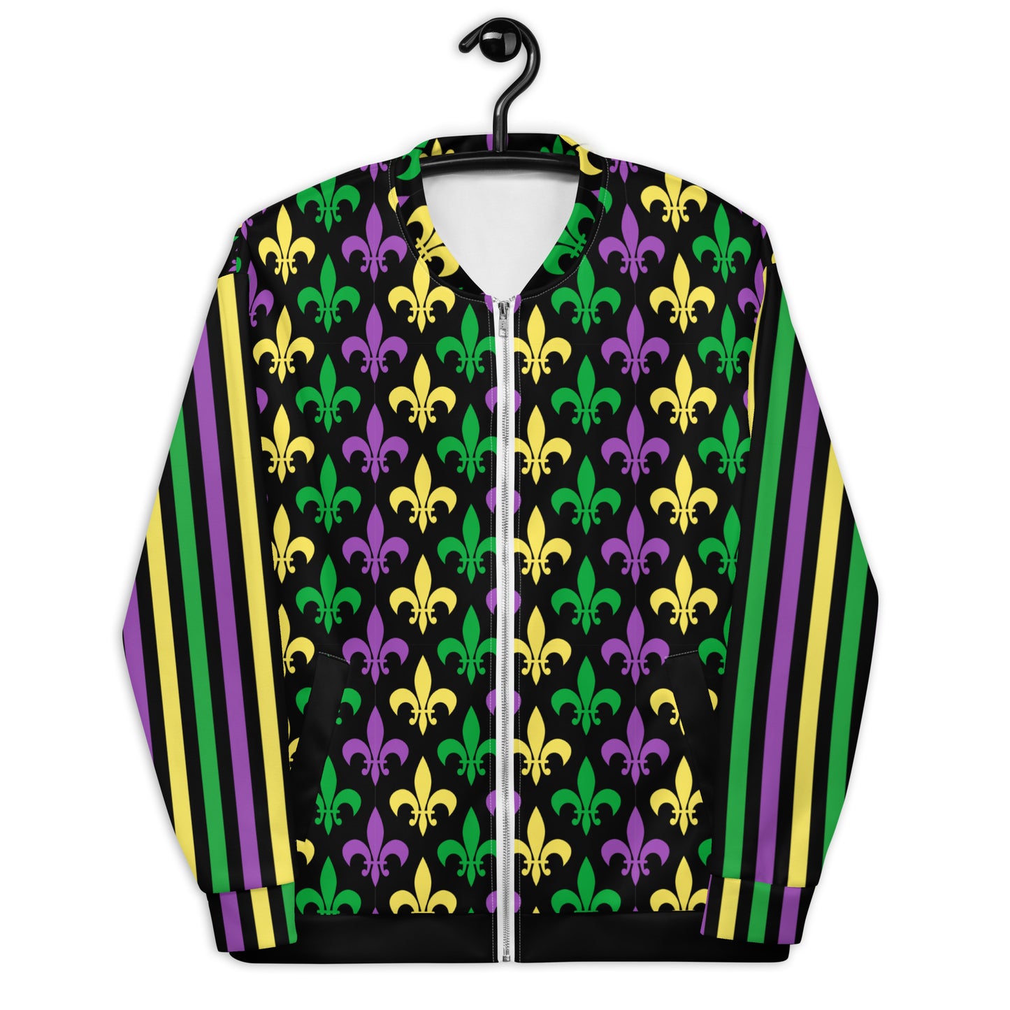 Image: Mardi Gras Unisex Bomber Jacket. This lightweight NOLA apparel is perfect for parades in the French Quarter, or Mardi Gras themed fun runs. It features a gold, green and purple fleur de lis pattern on the front and back, with gold, purple and green stripes going down each arm. Plus sizes available, by jaecrece