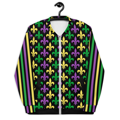 Image: Mardi Gras Unisex Bomber Jacket. This lightweight NOLA apparel is perfect for parades in the French Quarter, or Mardi Gras themed fun runs. It features a gold, green and purple fleur de lis pattern on the front and back, with gold, purple and green stripes going down each arm. Plus sizes available, by jaecrece