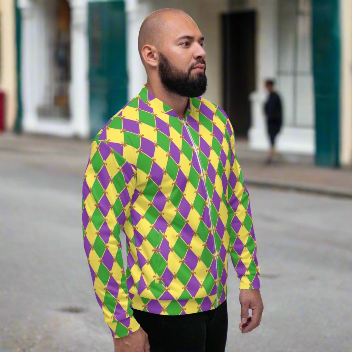 Image: Unisex bomber jacket, with a gold, green and purple diamond fleur de lis pattern. Perfect for your New Orleans Mardi gras parade, the French Quarter, or anywhere you want to be the life of the party, by jaecrece