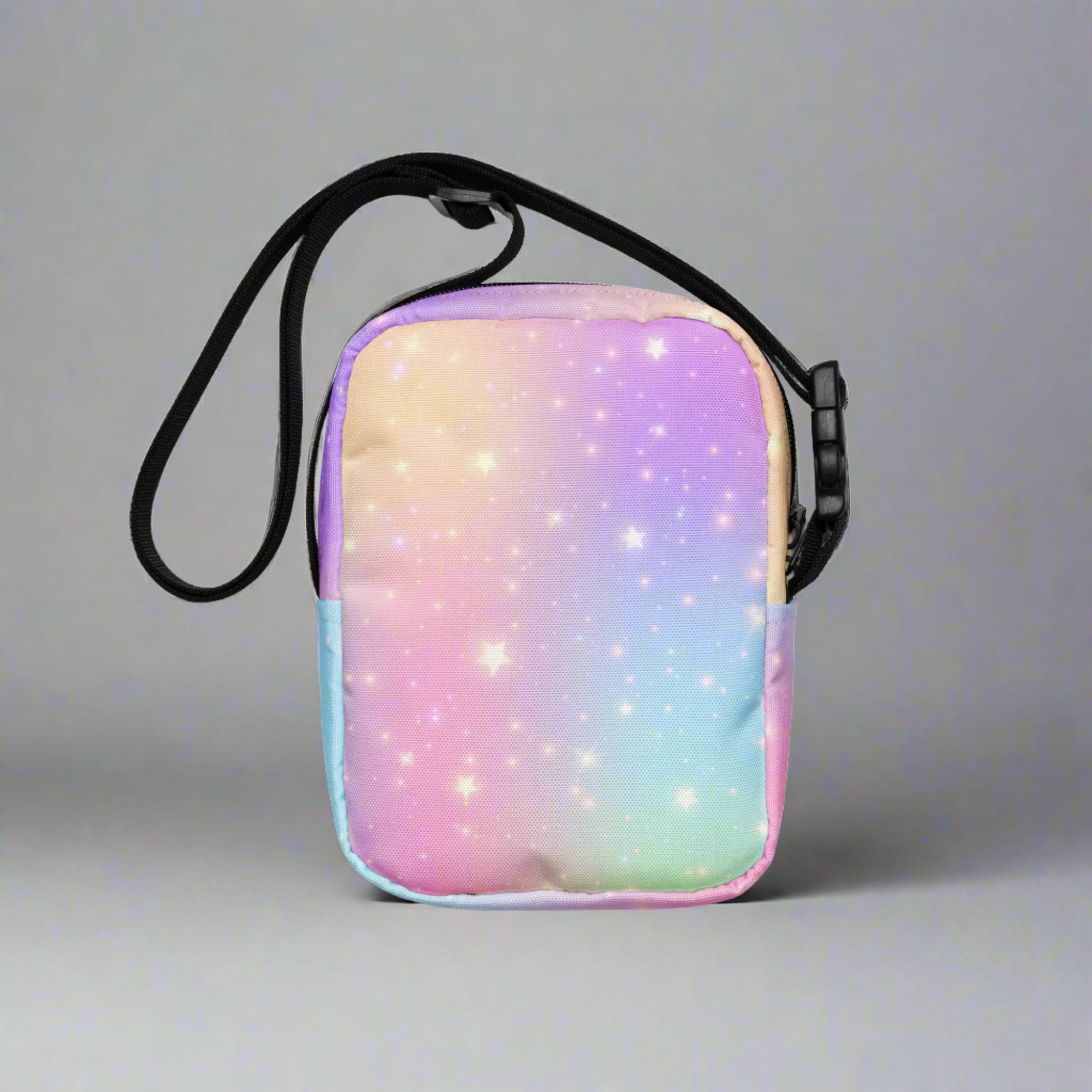 Image: canvas utility small crossbody bag: pink purple blue star pattern, with a fairy tale mythical unicorn. Whimsical Birthday or Christmas Gift for girls or tweens. May be worn as a sling, on hips or waist. Fanny pack or mini backpack, by jaecrece