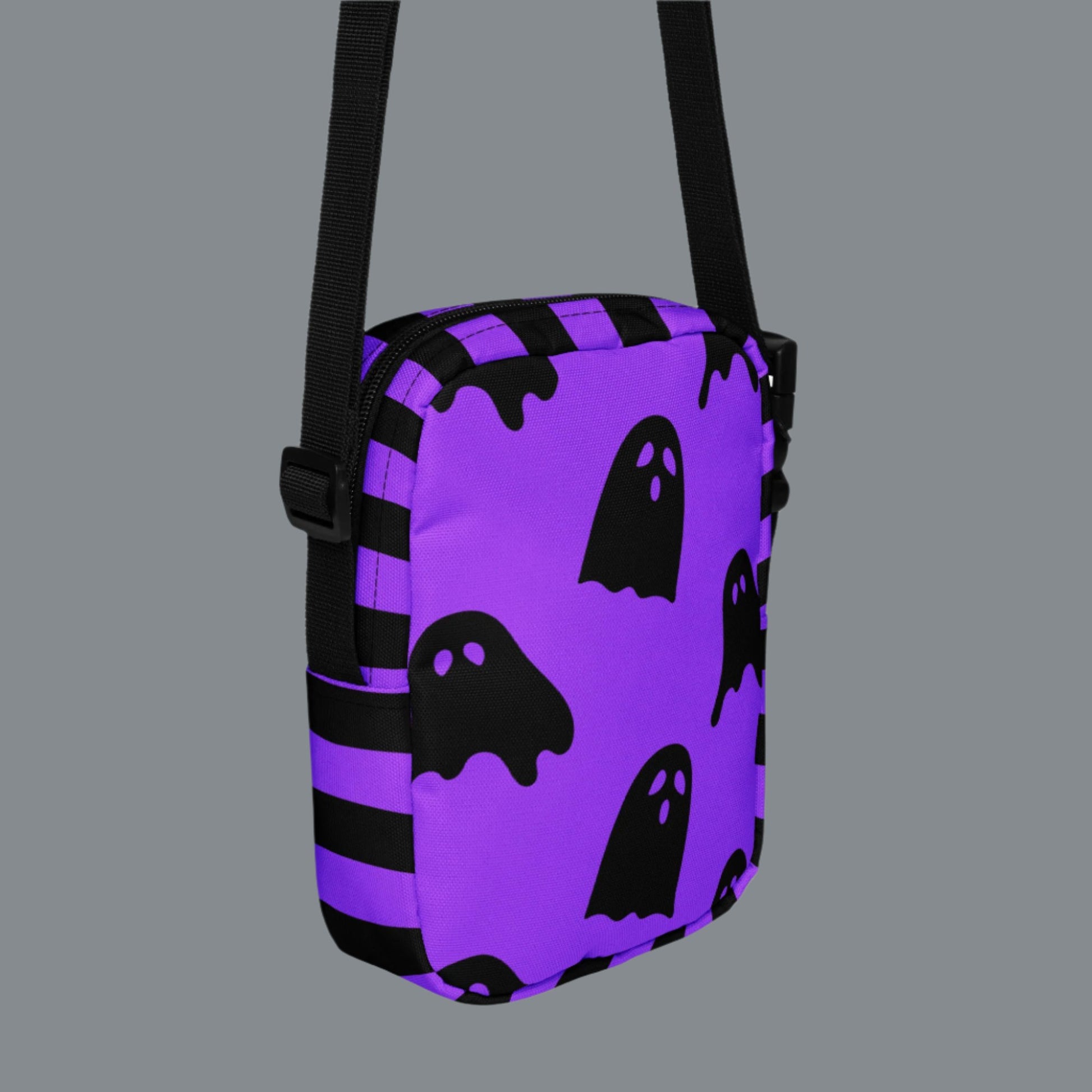 Cute Ghost Small Canvas Crossbody Bag, Ghost and Black Stripes Halloween Utility Bag, This bag has a strap that may be worn crossbody, or on hips/ waist. This purple and black water resistant fanny pack can be used as a camera or cell phone holder, by jaecrece