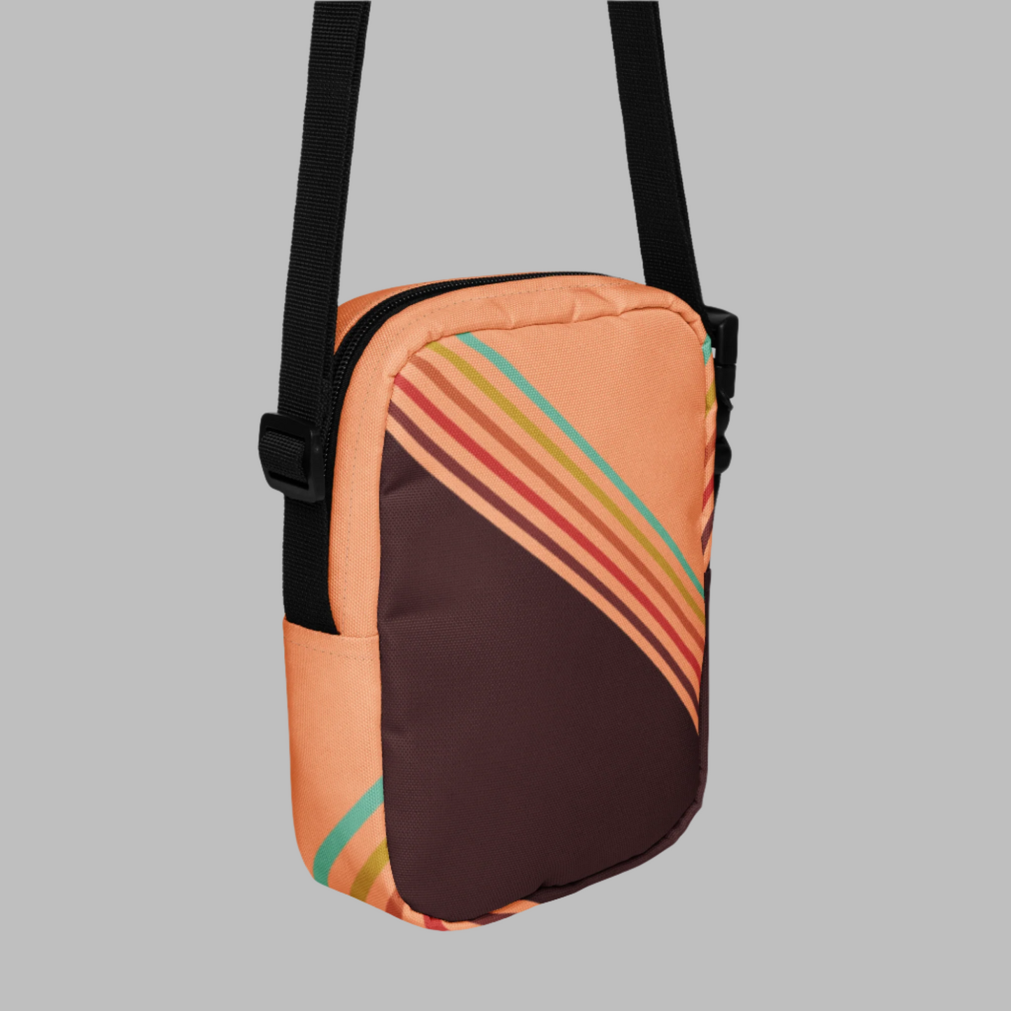 Image: This versatile Colorblock Canvas Crossbody Bag has a grandpacore aesthetic, with peach and brown water resistant canvas and rainbow design. This small fanny pack is designed for women, teens, and tweens who love a grandpacore funky aesthetic. Whether you need a small camera pouch for hands free adventures, a compact mini backpack for festivals, or an everyday sling bag for errands, this is the ultimate go to accessory!