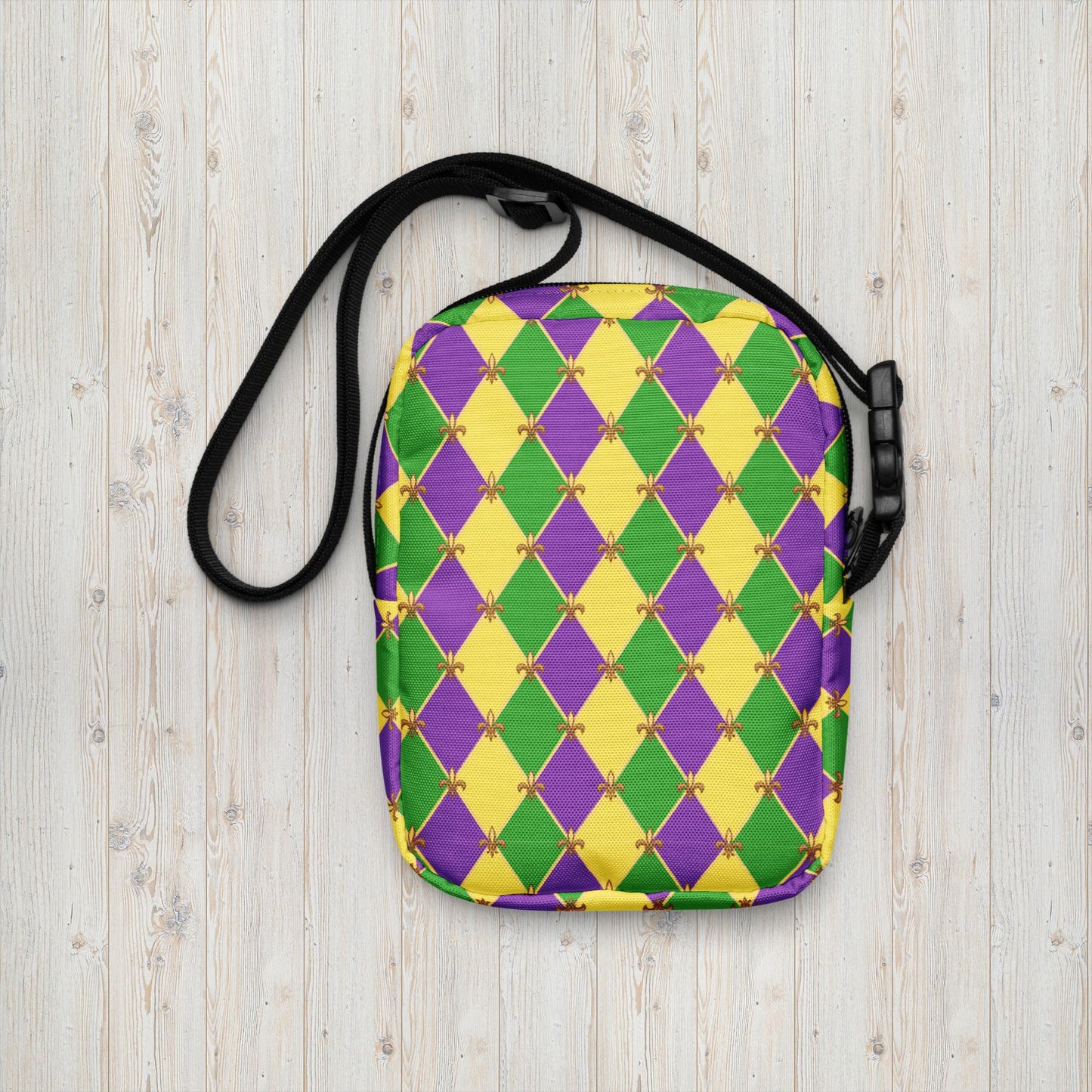 Image: Mardi Gras cross body bag. This small canvas tote is shows the Fleur de Lis on a purple, green and yellow diamond print background. It can be worn to your New Orleans carnival parade across the chest, hips or waist. The perfect fanny pack for your celebrations! by jaecrece