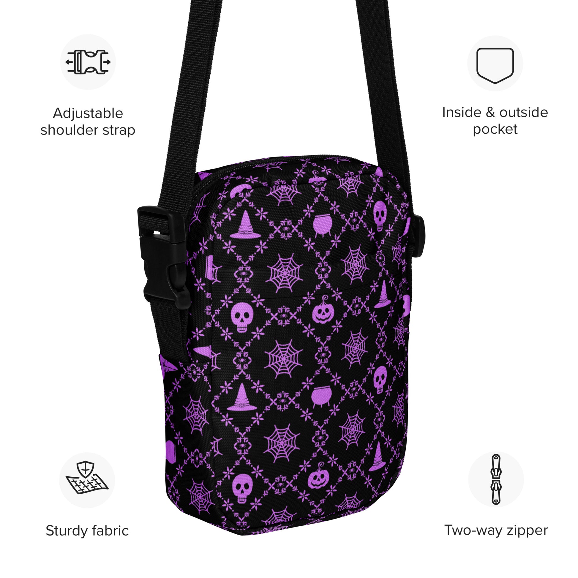 Our Wickedly Cute Halloween Crossbody Utility Bag is made with black water resistant canvas, and features an adorable Halloween themed purple pattern of spider webs, skulls, witch hats and pumpkins. These make a perfect gift for adults, teens and tweens. by jaecrece.com