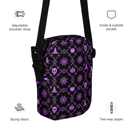 Our Wickedly Cute Halloween Crossbody Utility Bag is made with black water resistant canvas, and features an adorable Halloween themed purple pattern of spider webs, skulls, witch hats and pumpkins. These make a perfect gift for adults, teens and tweens. by jaecrece.com