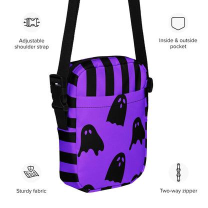 Cute Ghost Small Canvas Crossbody Bag, Ghost and Black Stripes Halloween Utility Bag, This bag has a strap that may be worn crossbody, or on hips/ waist. This purple and black water resistant fanny pack can be used as a camera or cell phone holder, by jaecrece