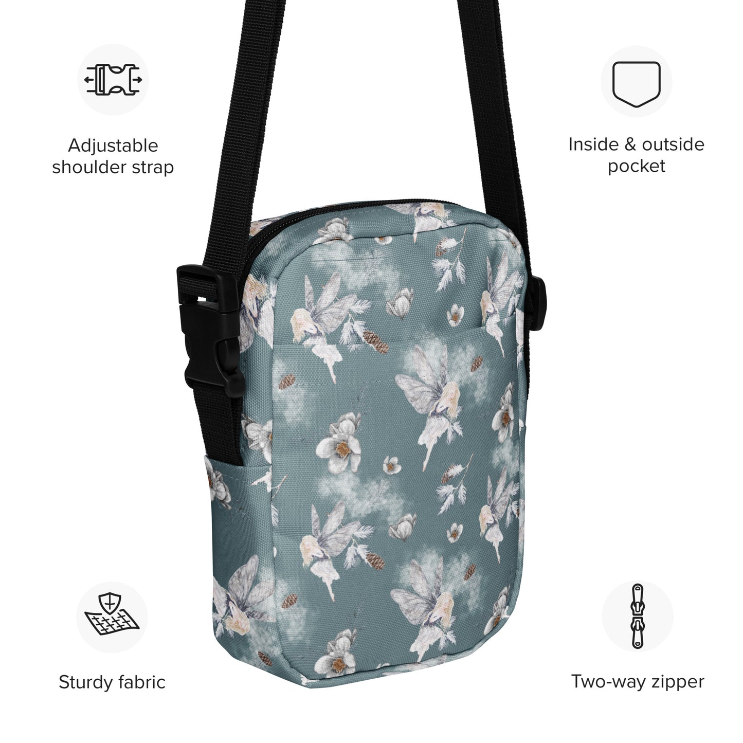 Grey small canvas crossbody utility bag, with a repeating fairy, floral and pinecone pattern. This hiking biking small tote can be worn on the hips, waist or cross the chest. The perfect gift or festival pouch for ladies, teens and tween. By jaecrece