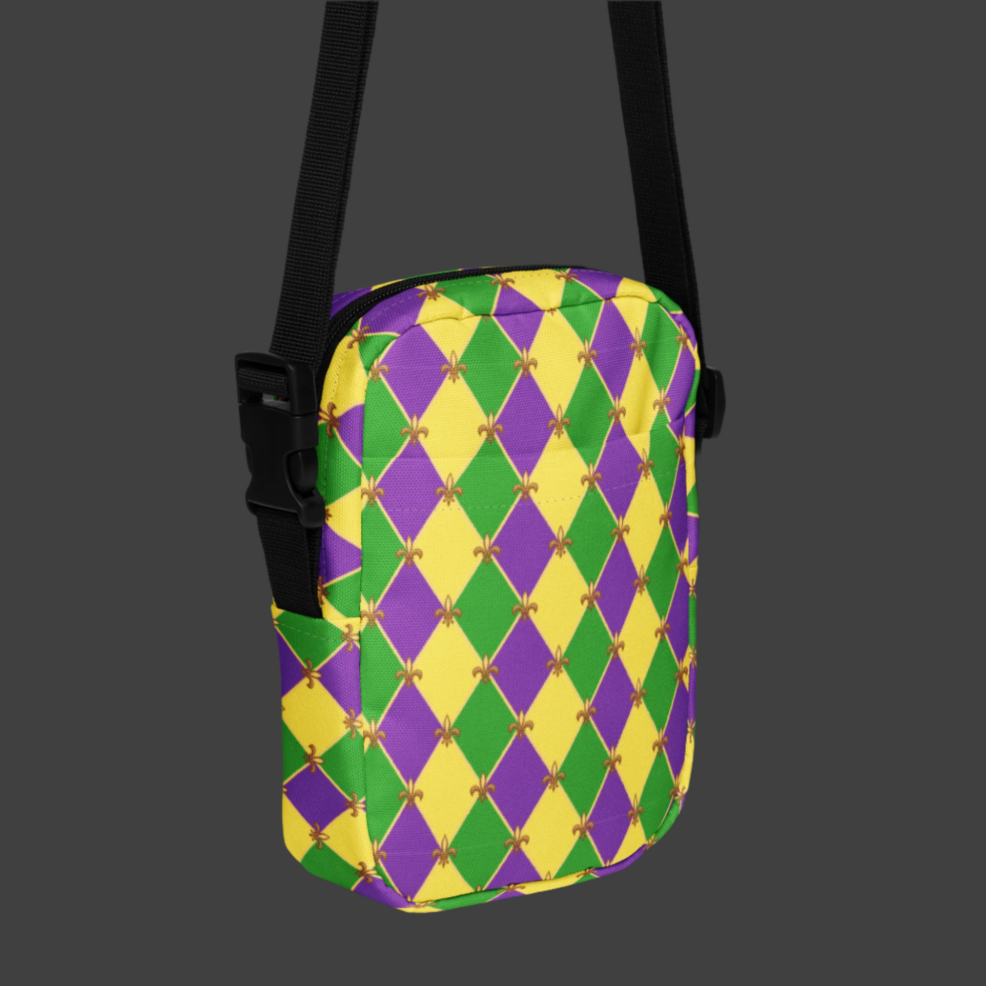 Image: Mardi Gras cross body bag. This small canvas tote is shows the Fleur de Lis on a purple, green and yellow diamond print background. It can be worn to your New Orleans carnival parade across the chest, hips or waist. The perfect fanny pack for your celebrations! by jaecrece