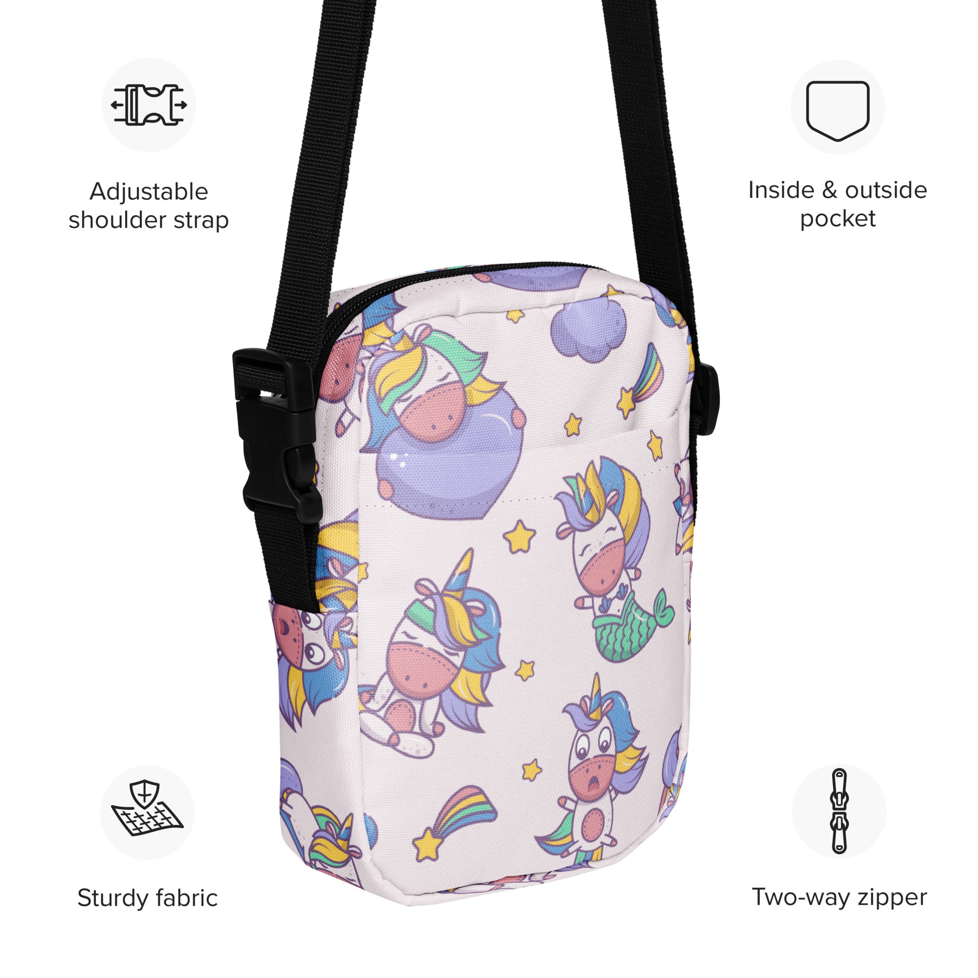 Image: Pink Unicorn Mermaid Kawaii Small Purse, this canvas crossbody has a light pink background with graphics of Unicorn mermaids, stars and rainbows. The perfect gift for tween girls, by jaecrece