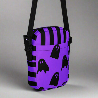 Cute Ghost Small Canvas Crossbody Bag, Ghost and Black Stripes Halloween Utility Bag, This bag has a strap that may be worn crossbody, or on hips/ waist. This purple and black water resistant fanny pack can be used as a camera or cell phone holder, by jaecrece