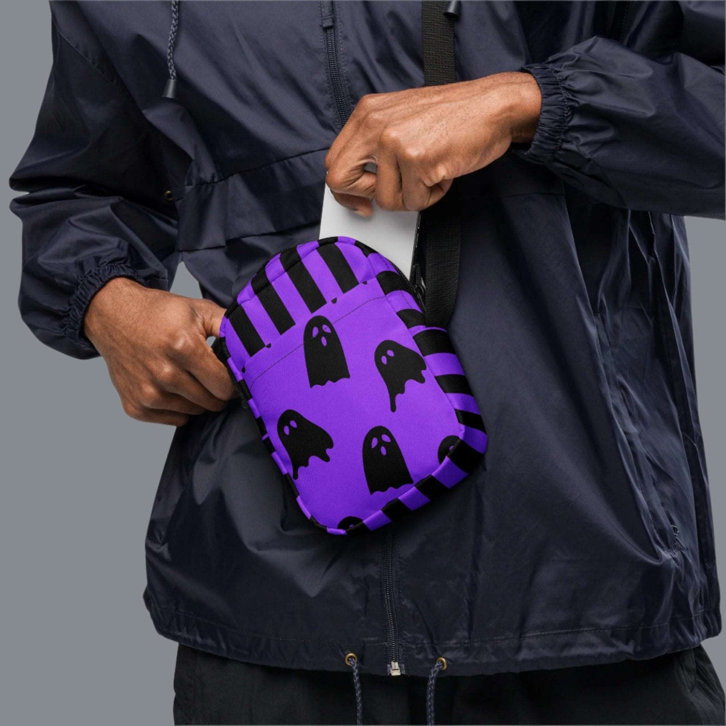 Cute Ghost Small Canvas Crossbody Bag, Ghost and Black Stripes Halloween Utility Bag, This bag has a strap that may be worn crossbody, or on hips/ waist. This purple and black water resistant fanny pack can be used as a camera or cell phone holder, by jaecrece