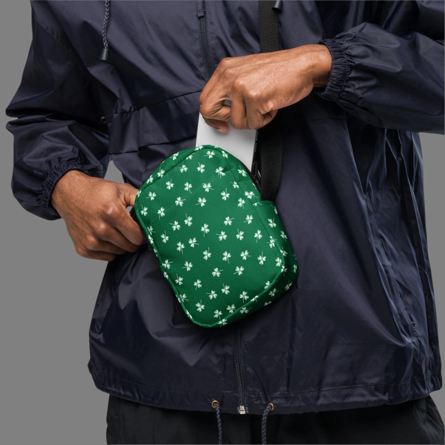 Image: St Patricks Day Fanny Pack. This green small crossbody bag is green, with a pattern of white shamrocks. Our four leaf clover small canvas tote makes a great gift for men, women, teens and kids. Its a great hands free pouch for your camera and phone at Irish festivals and St Pattys Day parades, by jaecrece