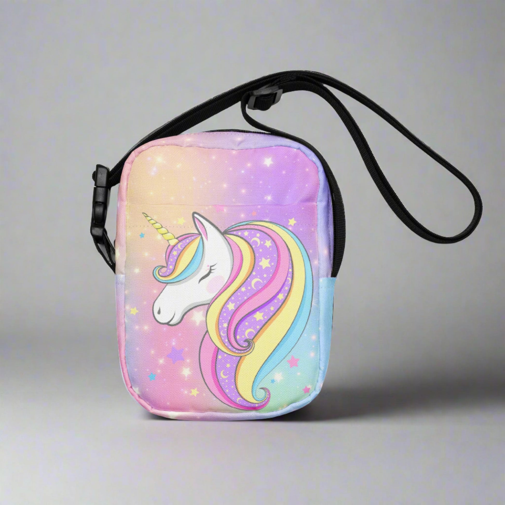 Image: canvas utility small crossbody bag: pink purple blue star pattern, with a fairy tale mythical unicorn. Whimsical Birthday or Christmas Gift for girls or tweens. May be worn as a sling, on hips or waist. Fanny pack or mini backpack, by jaecrece