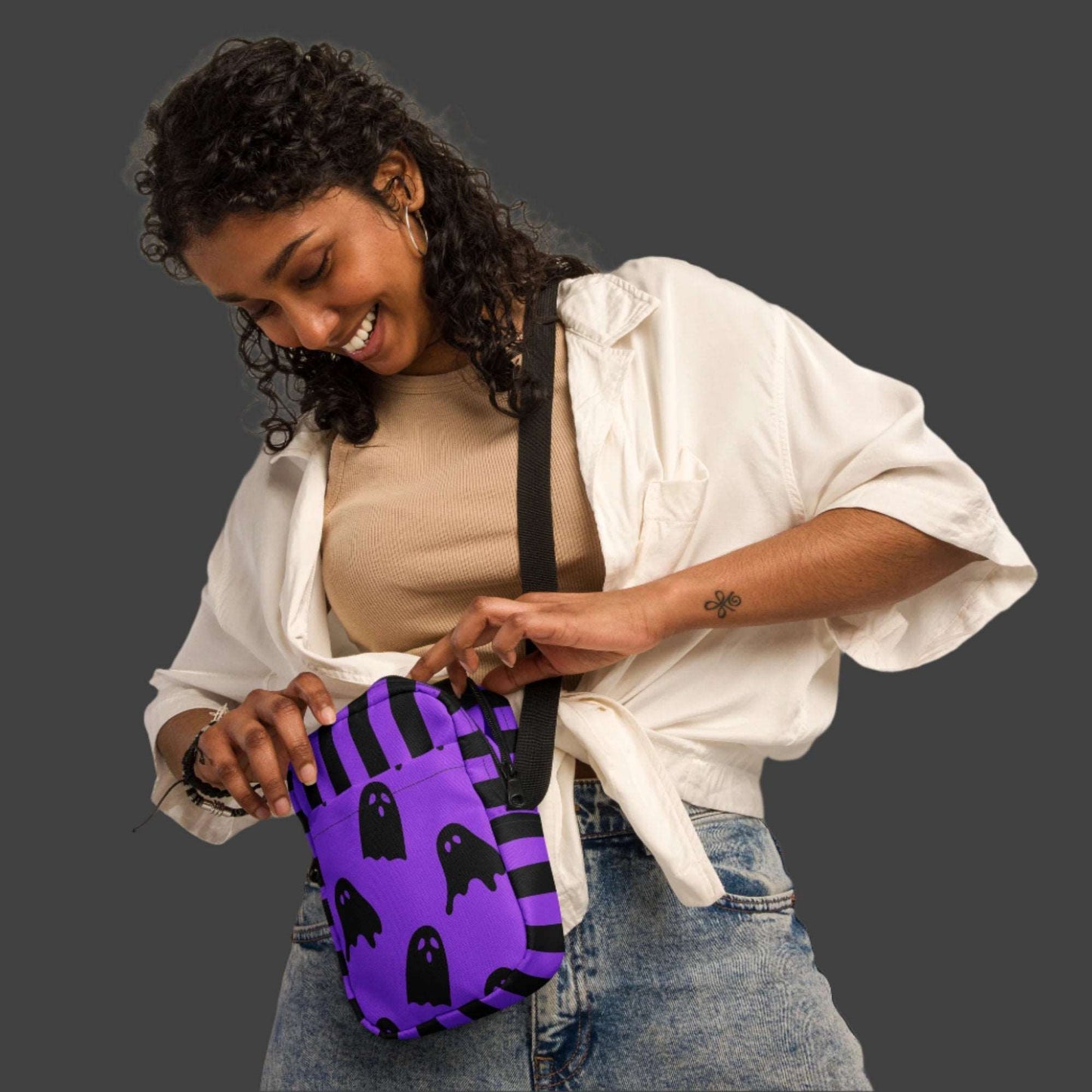 Cute Ghost Small Canvas Crossbody Bag, Ghost and Black Stripes Halloween Utility Bag, This bag has a strap that may be worn crossbody, or on hips/ waist. This purple and black water resistant fanny pack can be used as a camera or cell phone holder, by jaecrece