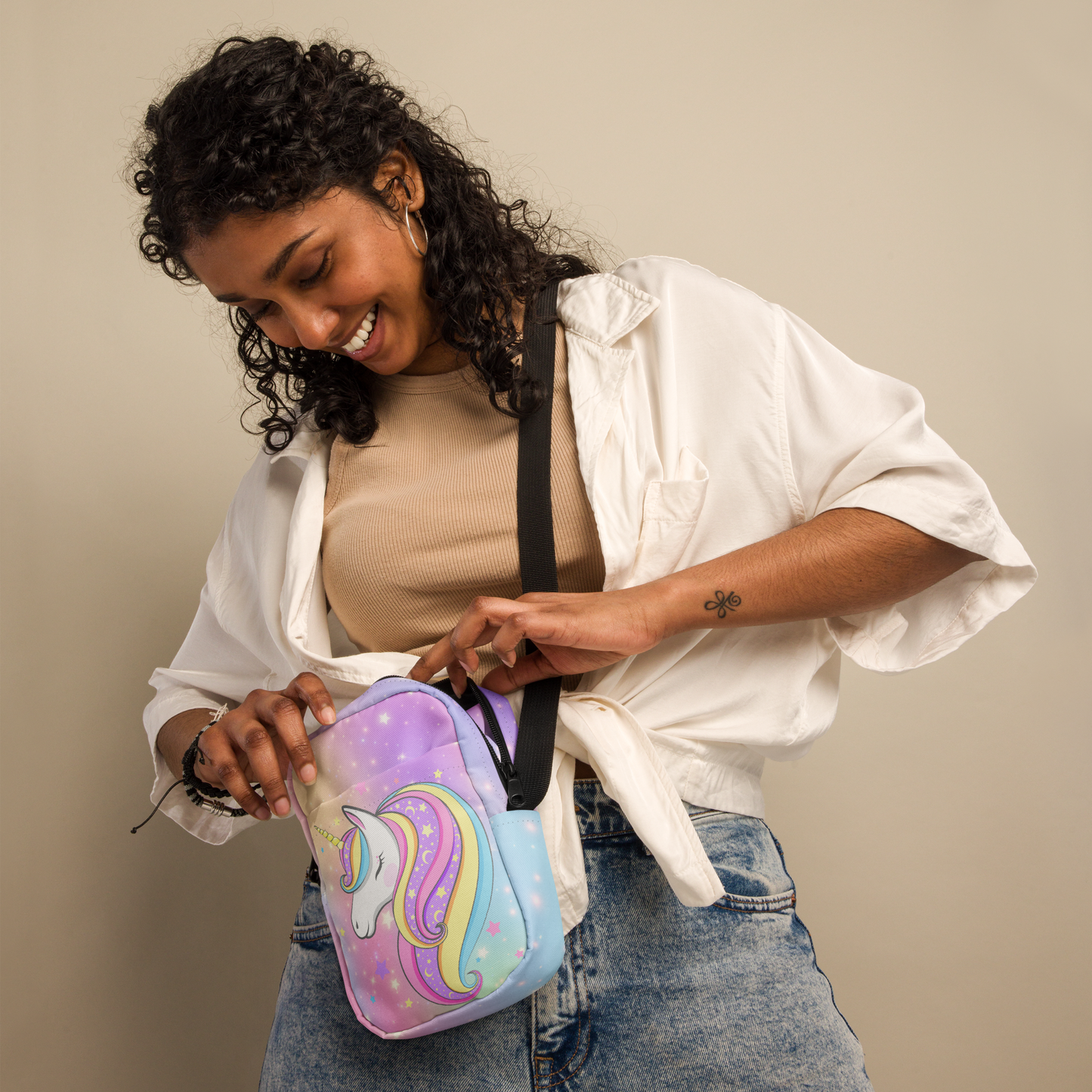 Image: canvas utility small crossbody bag: pink purple blue star pattern, with a fairy tale mythical unicorn. Whimsical Birthday or Christmas Gift for girls or tweens. May be worn as a sling, on hips or waist. Fanny pack or mini backpack, by jaecrece