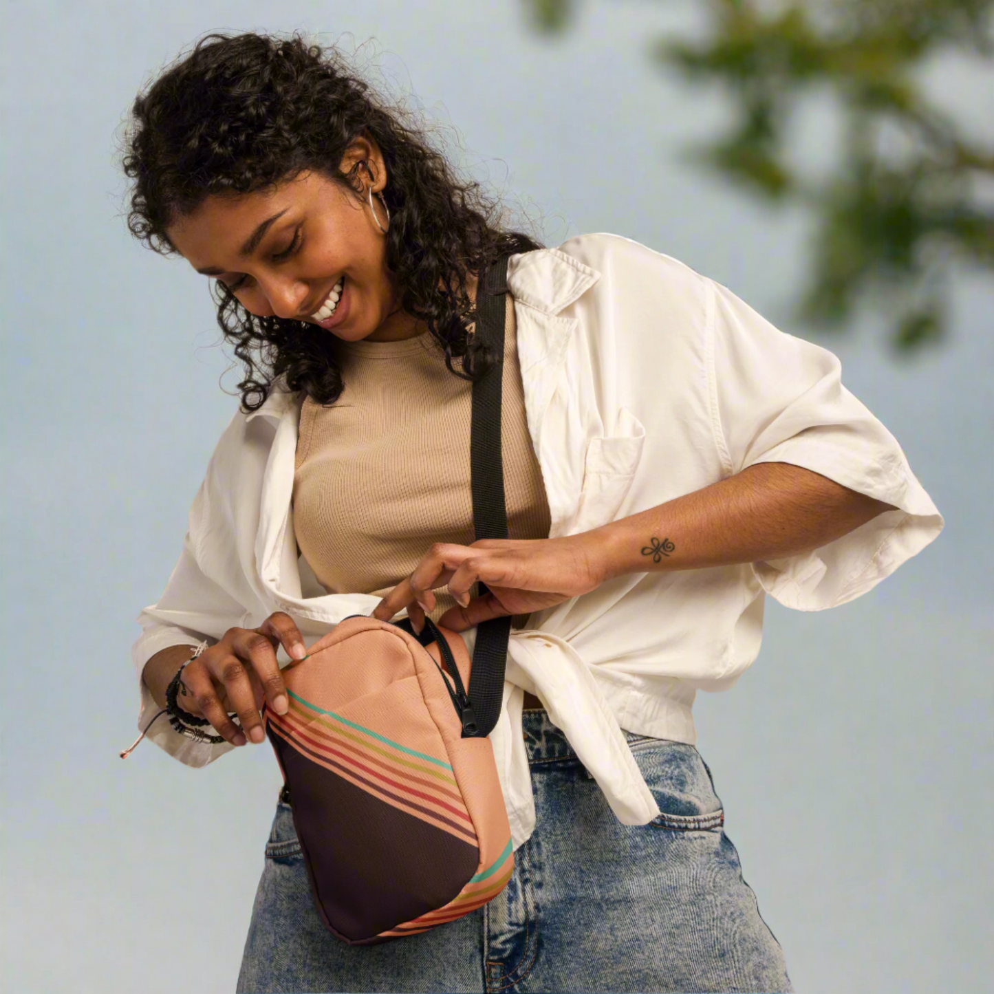 Image: This versatile Colorblock Canvas Crossbody Bag has a grandpacore aesthetic, with peach and brown water resistant canvas and rainbow design. This small fanny pack is designed for women, teens, and tweens who love a grandpacore funky aesthetic. Whether you need a small camera pouch for hands free adventures, a compact mini backpack for festivals, or an everyday sling bag for errands, this is the ultimate go to accessory!