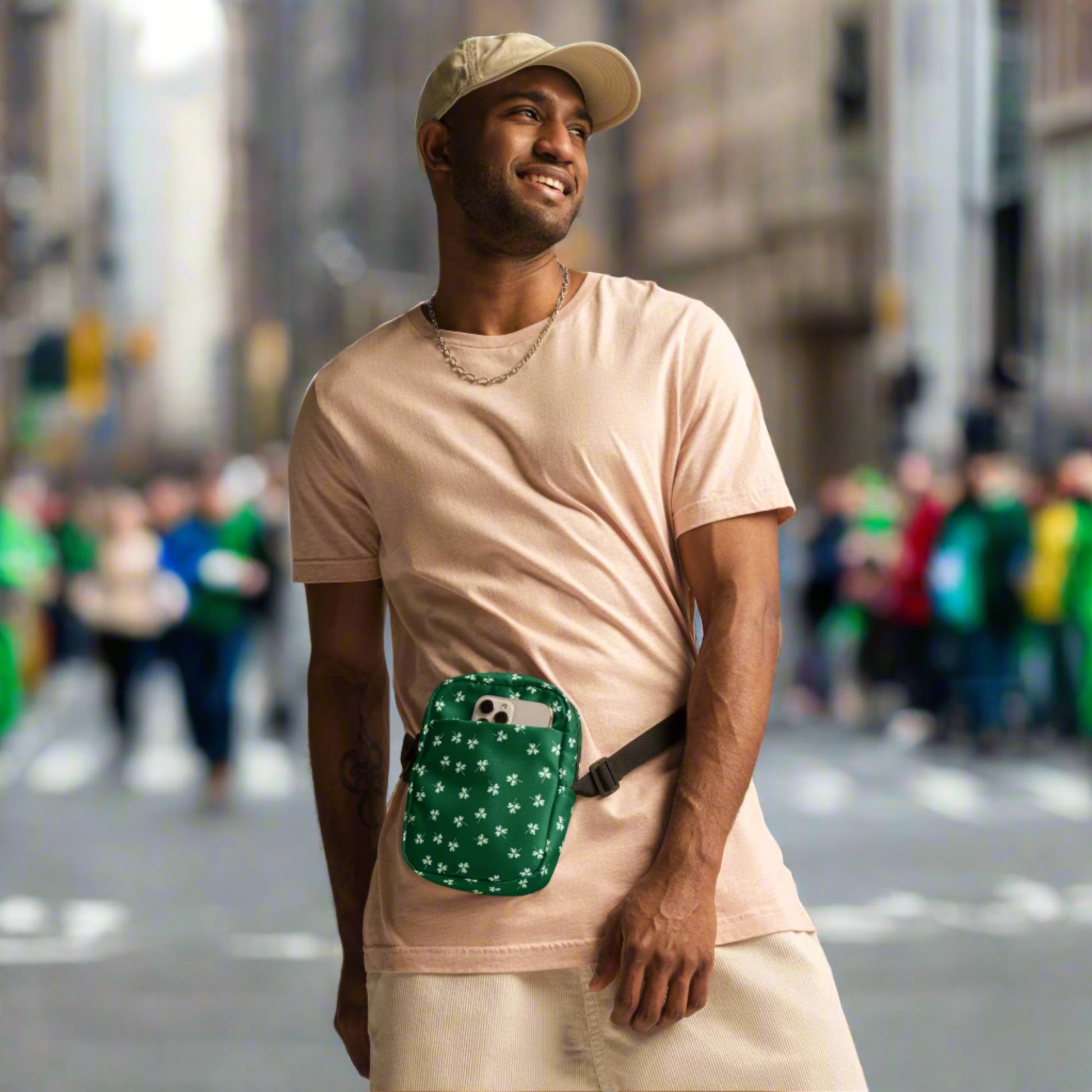 Image: St Patricks Day Fanny Pack. This green small crossbody bag is green, with a pattern of white shamrocks. Our four leaf clover small canvas tote makes a great gift for men, women, teens and kids. Its a great hands free pouch for your camera and phone at Irish festivals and St Pattys Day parades, by jaecrece