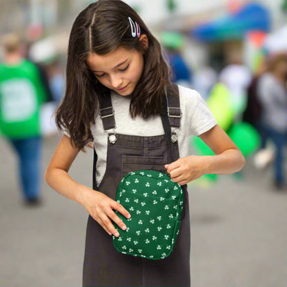 Product mImage: St Patricks Day Fanny Pack. This green small crossbody bag is green, with a pattern of white shamrocks. Our four leaf clover small canvas tote makes a great gift for men, women, teens and kids. Its a great hands free pouch for your camera and phone at Irish festivals and St Pattys Day parades, by jaecreceockup