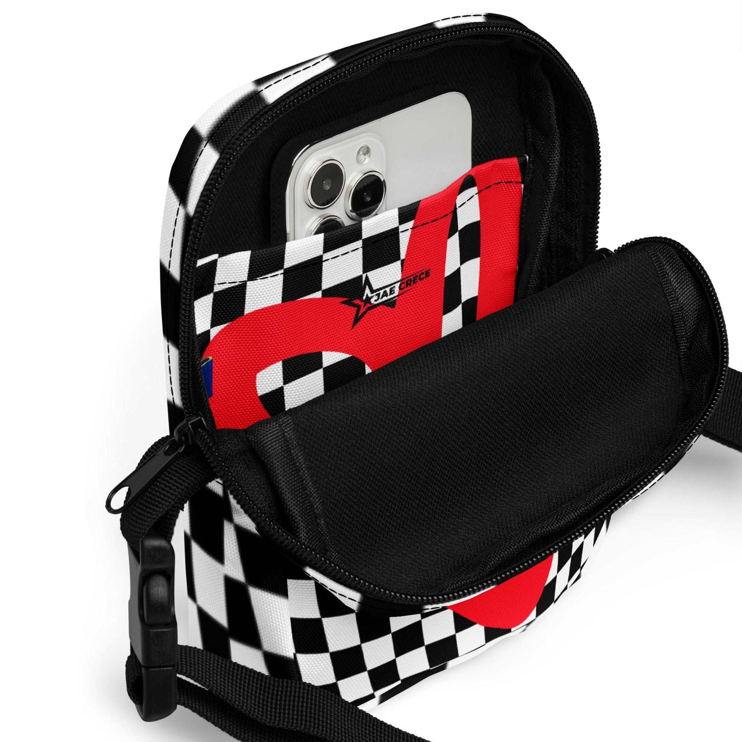 Black and white checkerboard patterned canvas crossbody utility bag with a red heart, by jaecrece.com