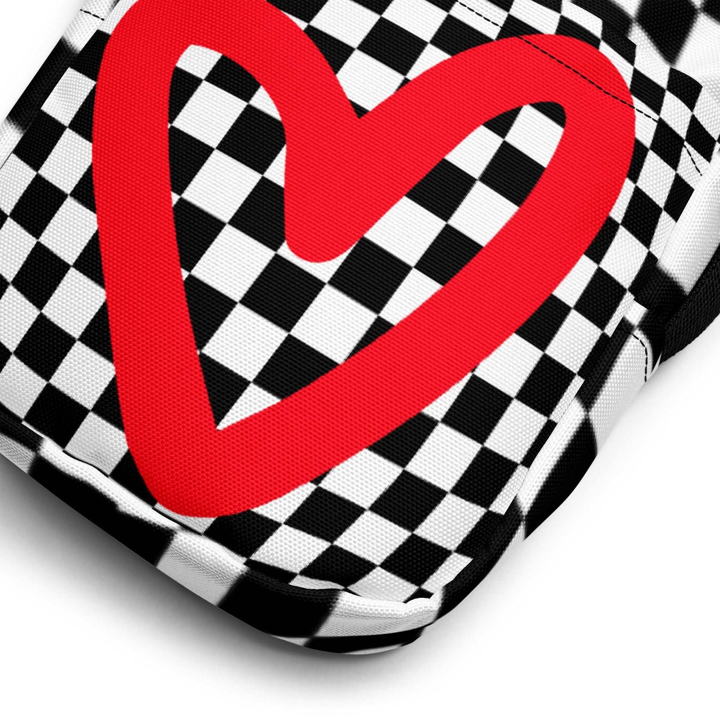 Black and white checkerboard patterned canvas crossbody utility bag with a red heart, by jaecrece.com