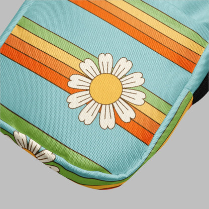 Rainbow & Daisy Canvas Utility Crossbody bag is light blue, with a retro rainbow and daisy pattern. With two storage pockets and a two way zipper, this small tote is perfect for adventures, by jaecrece