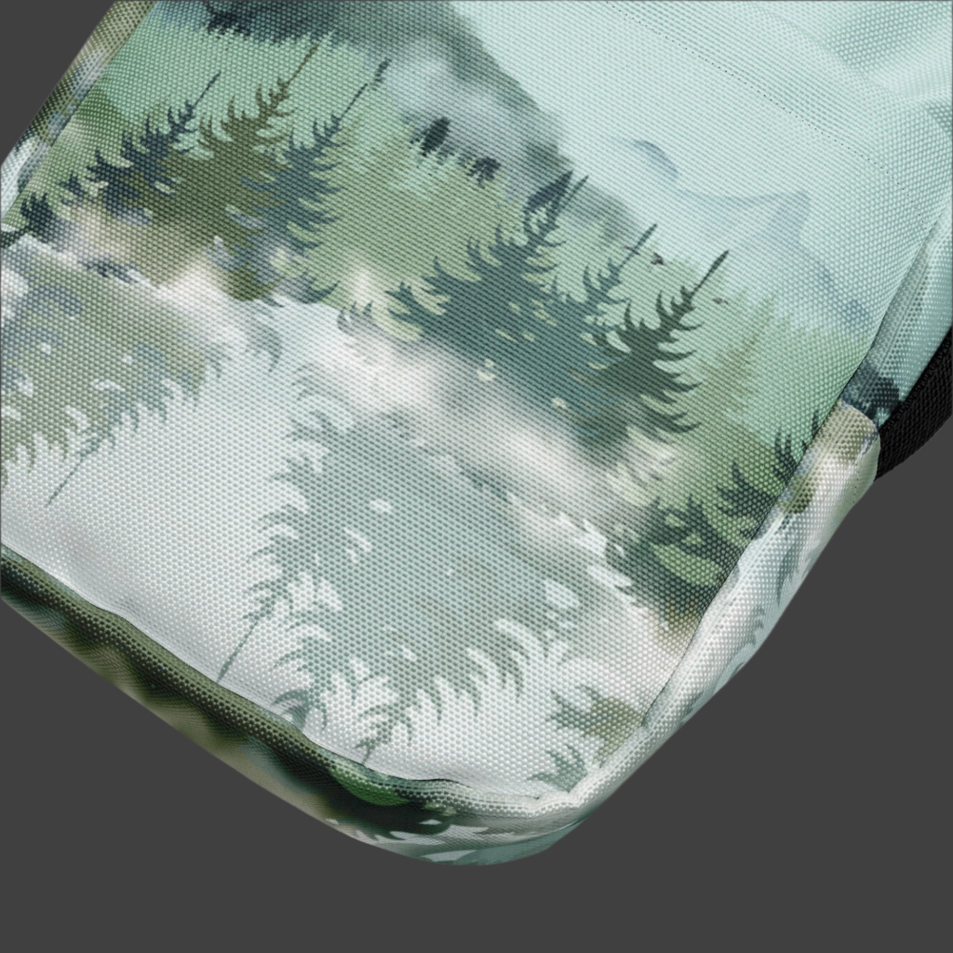 Image: Winter Forest Small Cross Body Bag. This nature inspired sling bag has an ombre snowy mountain print that fades from a blue gray sky to mountains and pine trees to white snow. This mini backpack has a zipper closure and two storage pockets for hands free outdoor adventures. Great for tween girls, teens and ladies, by jaecrece