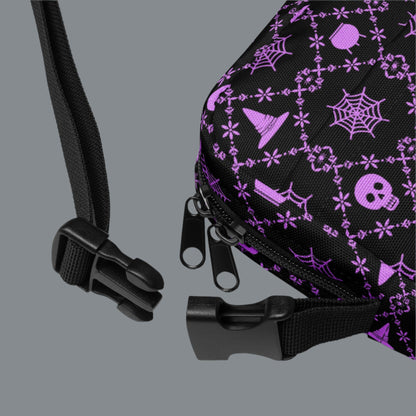 Our Wickedly Cute Halloween Crossbody Utility Bag is made with black water resistant canvas, and features an adorable Halloween themed purple pattern of spider webs, skulls, witch hats and pumpkins. These make a perfect gift for adults, teens and tweens. by jaecrece.com