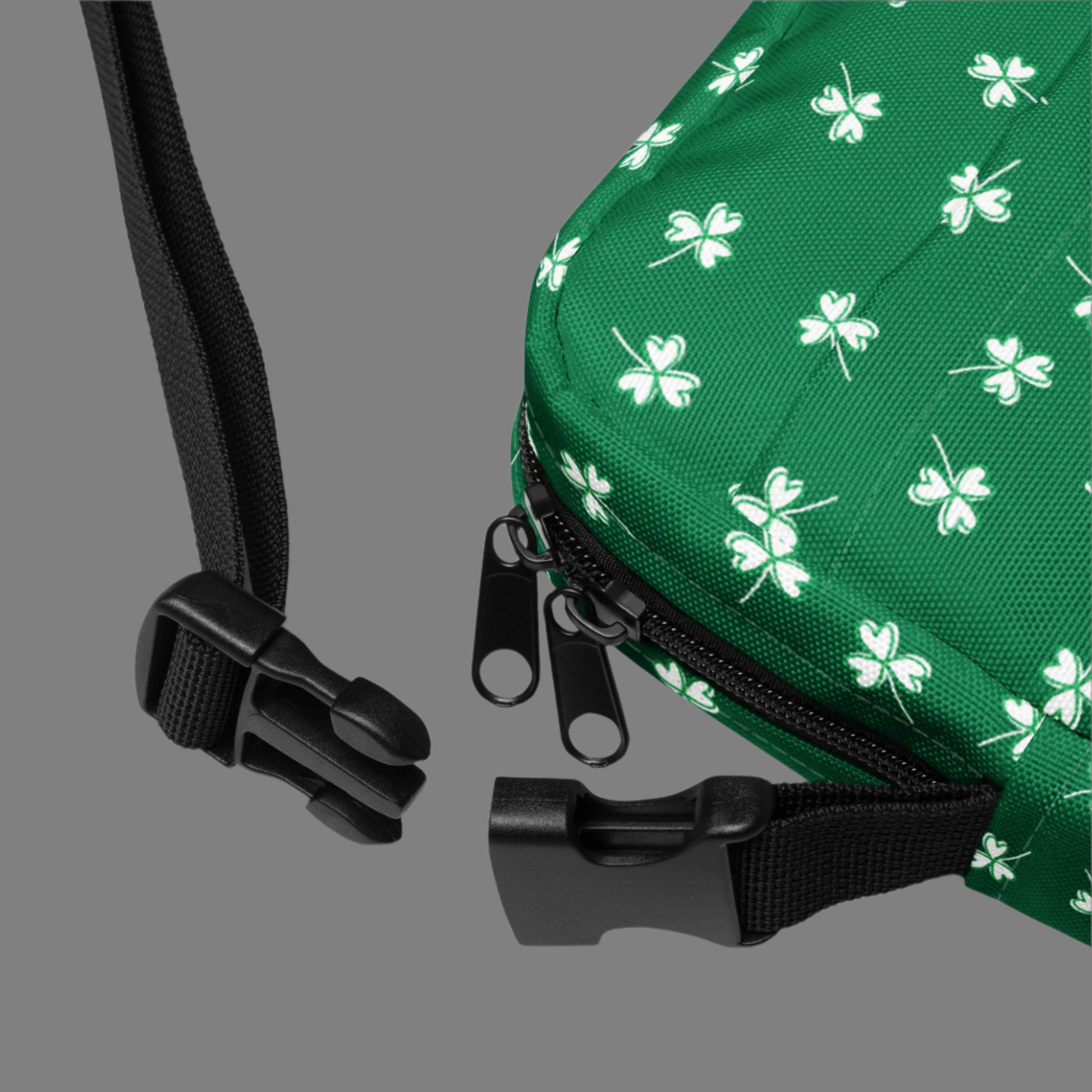 Image: St Patricks Day Fanny Pack. This green small crossbody bag is green, with a pattern of white shamrocks. Our four leaf clover small canvas tote makes a great gift for men, women, teens and kids. Its a great hands free pouch for your camera and phone at Irish festivals and St Pattys Day parades, by jaecrece