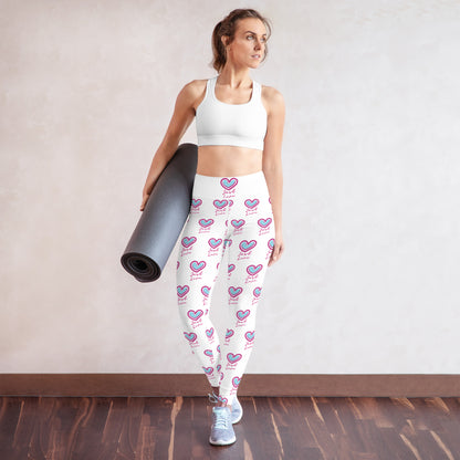 Image: Just Love Yoga Womens Leggings- white yoga tights with a repeating pink and blue heart with the words Just Love. By jaecrece