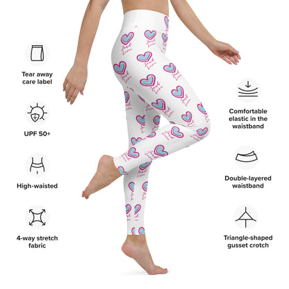 Image: Just Love Yoga Womens Leggings- white yoga tights with a repeating pink and blue heart with the words Just Love. By jaecrece