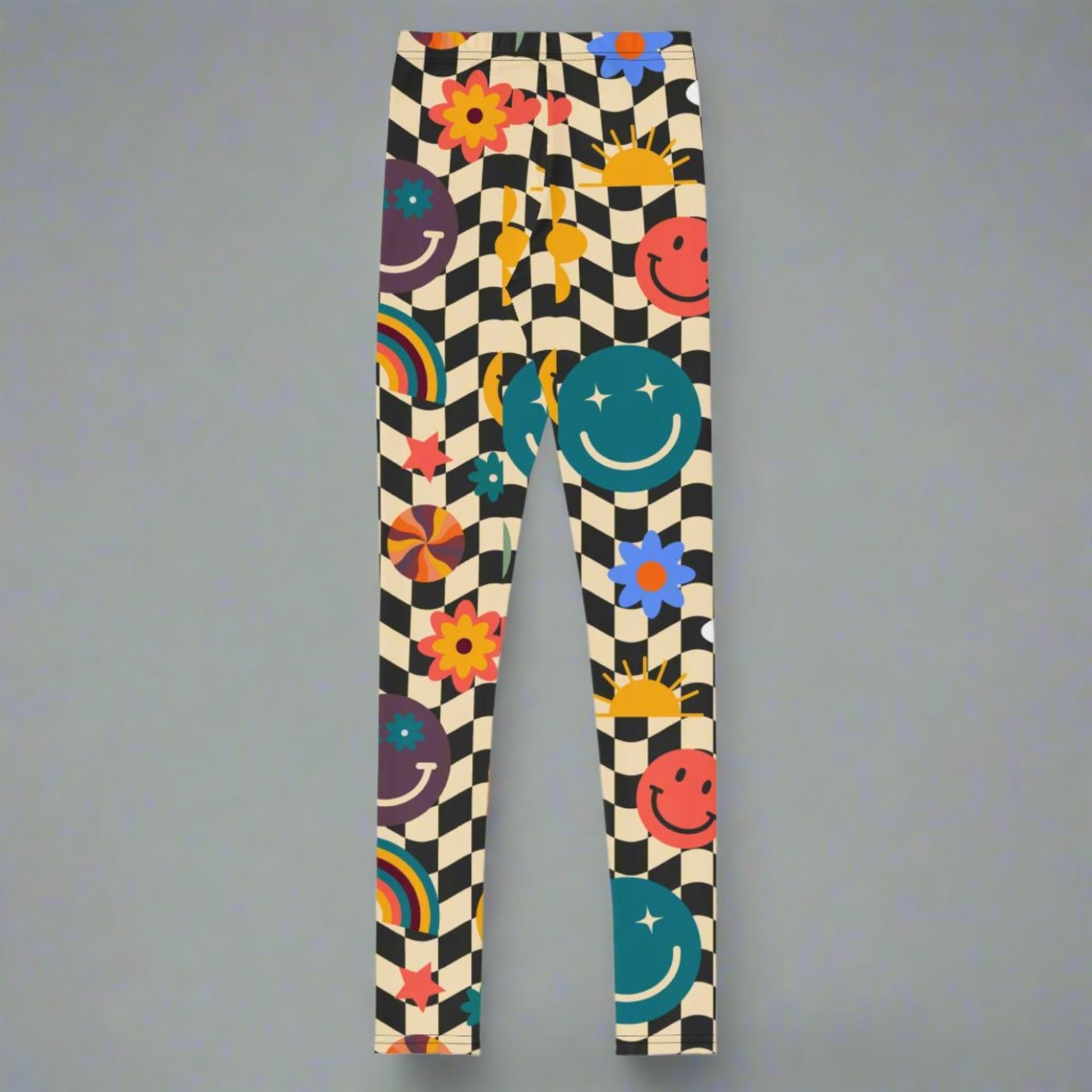 Image: Retro Checkerboard Girls Leggings, in size 8-20. These yoga pants feature a black and khaki vintage check pattern with smiley faces, daisies, rainbows and suns. These vintage tights make a great birthday present, birthday gift, and are great for back to school, by jaecrece