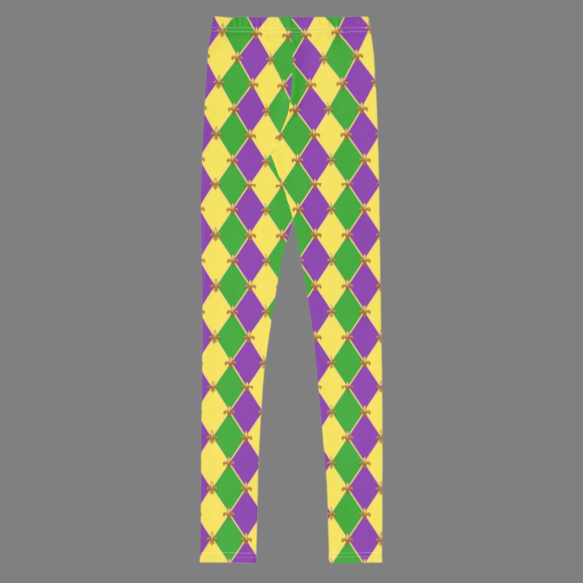 image: Youth girls harlequin diamond or checkerboard pattern leggings in purple, green and gold, with a repeating Fleur de Lis pattern, by jaecrece
Mardi Gras Leggings, Fat Tuesday Tights, teen Parade Outfit, Yoga Workout Pants, Mommy Me Match, New Orleans Tween Girl NOLA Costume