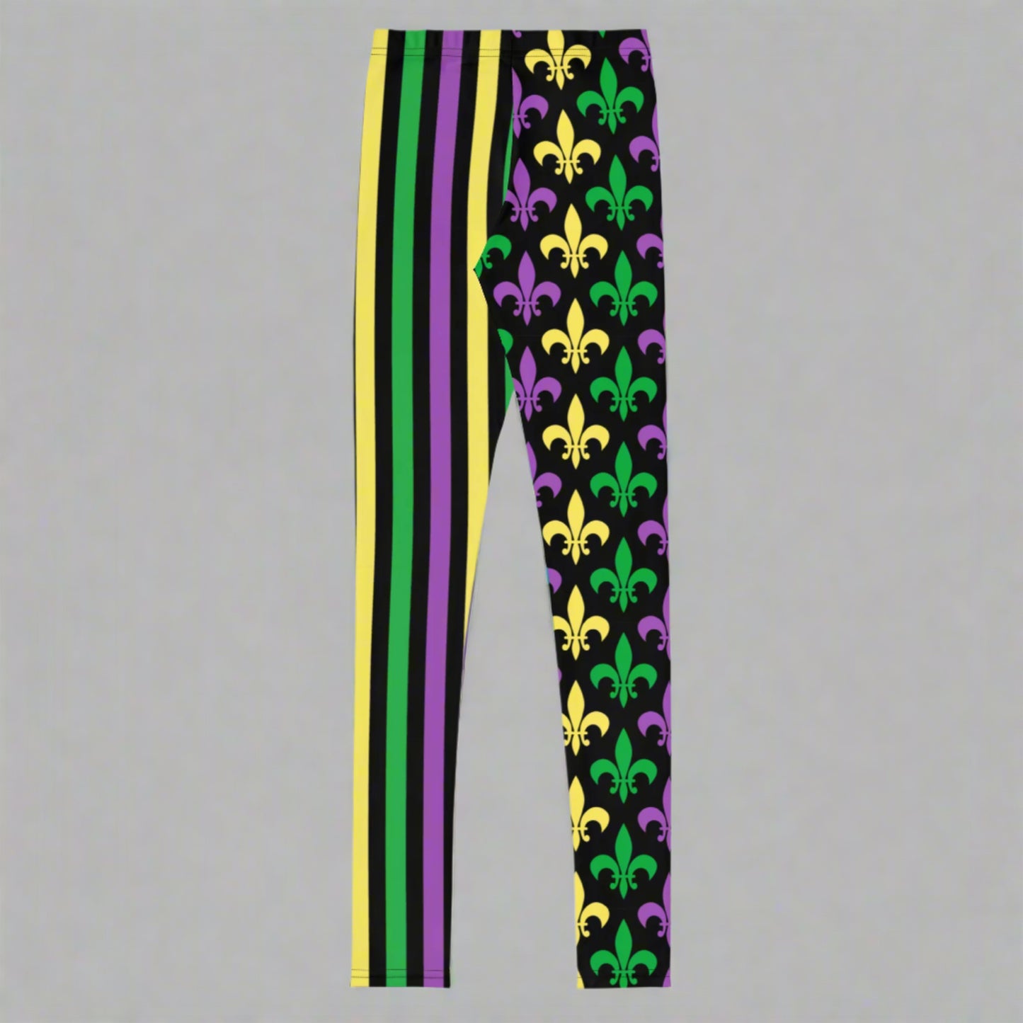 Alt text: "Mardi Gras Stripes and Fleur de Lis Youth Leggings, size 8-20. Black leggings with a fleur de lis pattern on one leg and bright green, purple, and yellow stripes on the other. Elastic, soft, and durable with vibrant colors. Part of a matching collection for younger children and women, each pair is precision-cut and hand-sewn for a perfect fit."