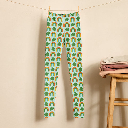 Image: St Patricks Day Youth, Tween & Teen Leggings, soft printed tights with a repeating rainbow and shamrock print, All You Need is Luck St Pattys Day Child Leggings, Cute Rainbow & Shamrock Pattern, Girls Yoga Pants with Shamrock & Rainbow Pattern, by jaecrece