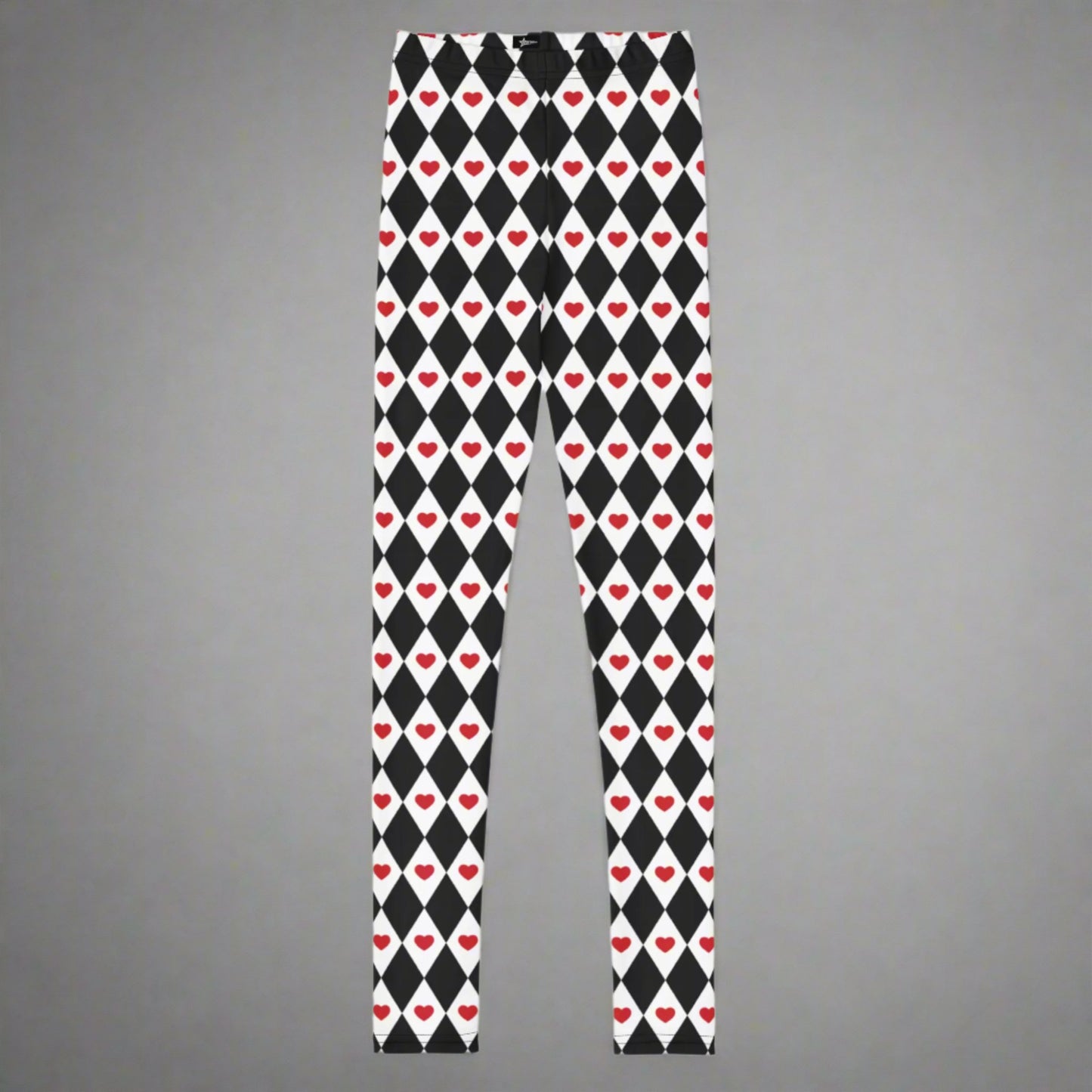 Image: Black and white harlequin check youth leggings with red heart accents. These yoga pants are designed for comfort and flexibility, by jaecrece