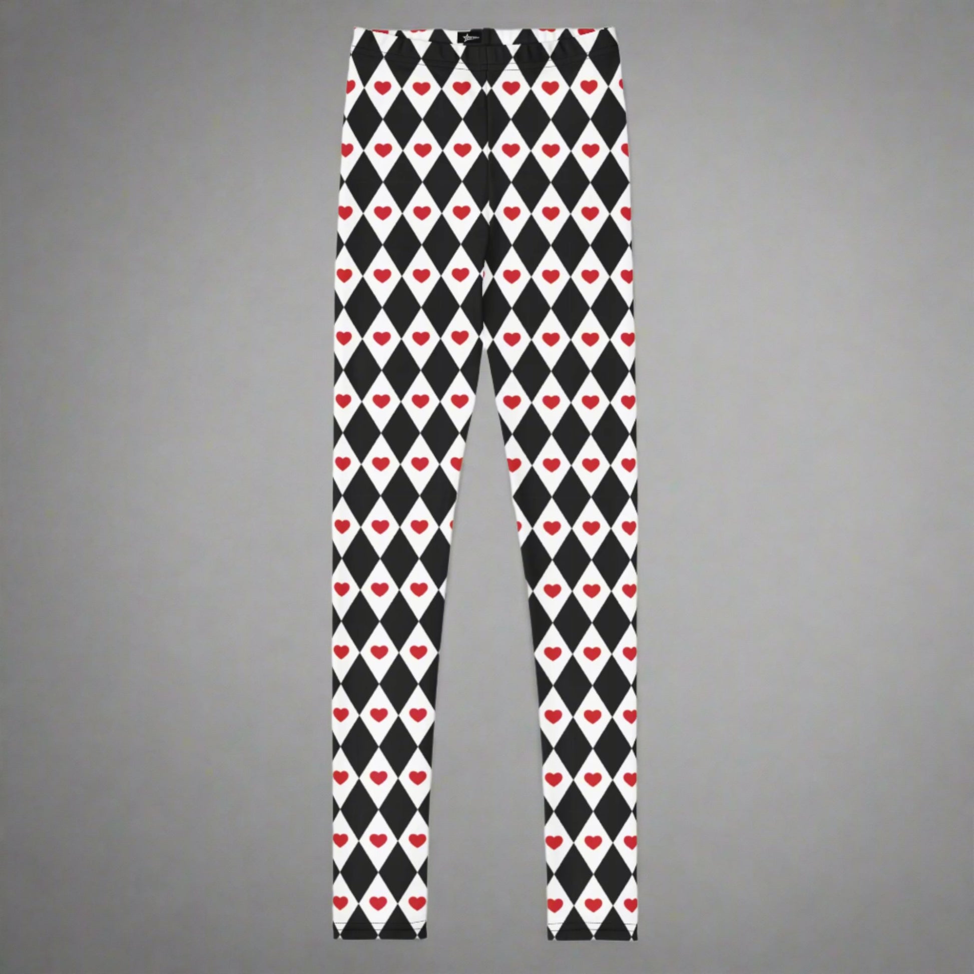 Image: Black and white harlequin check youth leggings with red heart accents. These yoga pants are designed for comfort and flexibility, by jaecrece