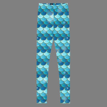 Image: Mermaid Youth Girls Leggings  feature a stunning blue scale print, perfect for tweens and teens in sizes 8-20. Perfect for girls who love the mermaid aesthetic, by jaecrece