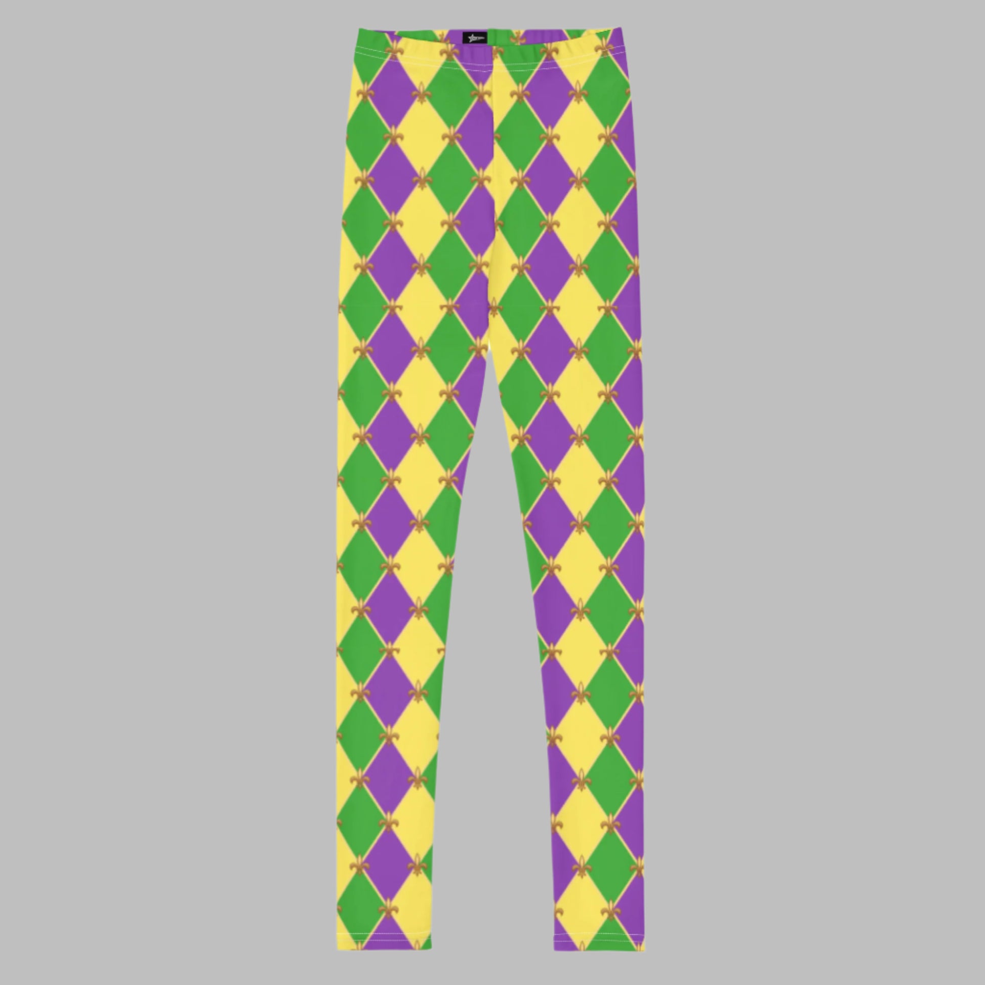 image: Youth girls harlequin diamond or checkerboard pattern leggings in purple, green and gold, with a repeating Fleur de Lis pattern, by jaecrece
Mardi Gras Leggings, Fat Tuesday Tights, teen Parade Outfit, Yoga Workout Pants, Mommy Me Match, New Orleans Tween Girl NOLA Costume