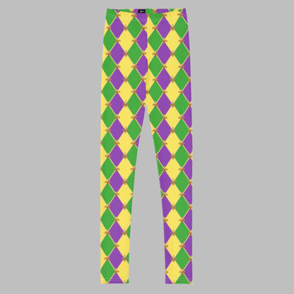 image: Youth girls harlequin diamond or checkerboard pattern leggings in purple, green and gold, with a repeating Fleur de Lis pattern, by jaecrece
Mardi Gras Leggings, Fat Tuesday Tights, teen Parade Outfit, Yoga Workout Pants, Mommy Me Match, New Orleans Tween Girl NOLA Costume