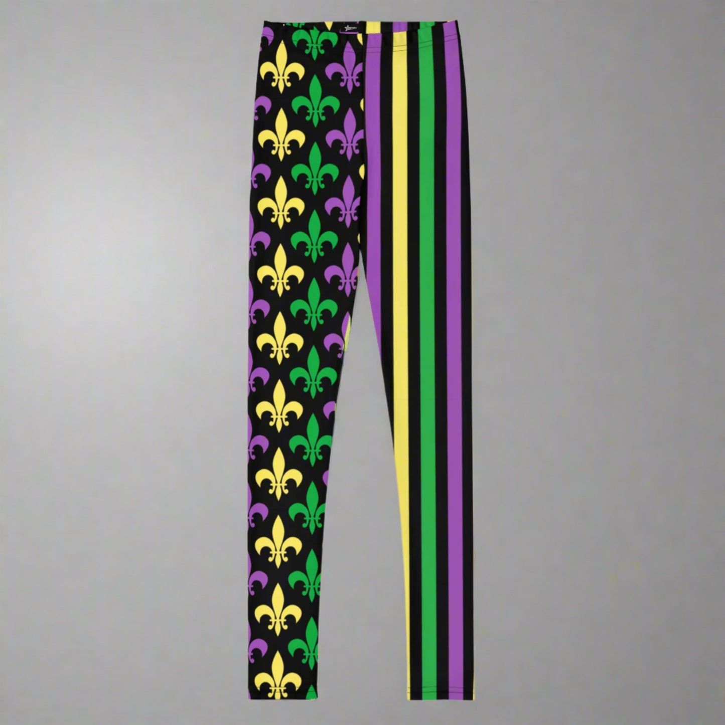 Alt text: "Mardi Gras Stripes and Fleur de Lis Youth Leggings, size 8-20. Black leggings with a fleur de lis pattern on one leg and bright green, purple, and yellow stripes on the other. Elastic, soft, and durable with vibrant colors. Part of a matching collection for younger children and women, each pair is precision-cut and hand-sewn for a perfect fit."