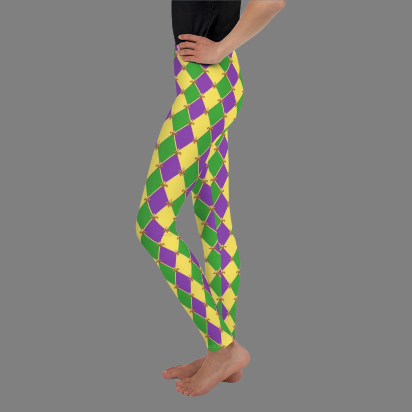 image: Youth girls harlequin diamond or checkerboard pattern leggings in purple, green and gold, with a repeating Fleur de Lis pattern, by jaecrece
Mardi Gras Leggings, Fat Tuesday Tights, teen Parade Outfit, Yoga Workout Pants, Mommy Me Match, New Orleans Tween Girl NOLA Costume