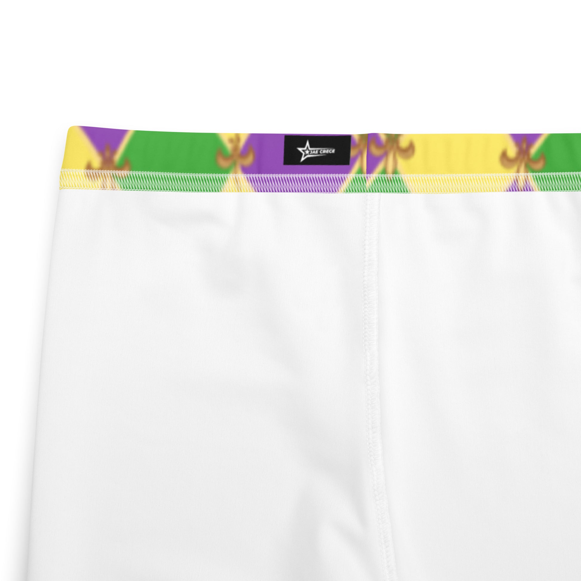 image: Youth girls harlequin diamond or checkerboard pattern leggings in purple, green and gold, with a repeating Fleur de Lis pattern, by jaecrece
Mardi Gras Leggings, Fat Tuesday Tights, teen Parade Outfit, Yoga Workout Pants, Mommy Me Match, New Orleans Tween Girl NOLA Costume