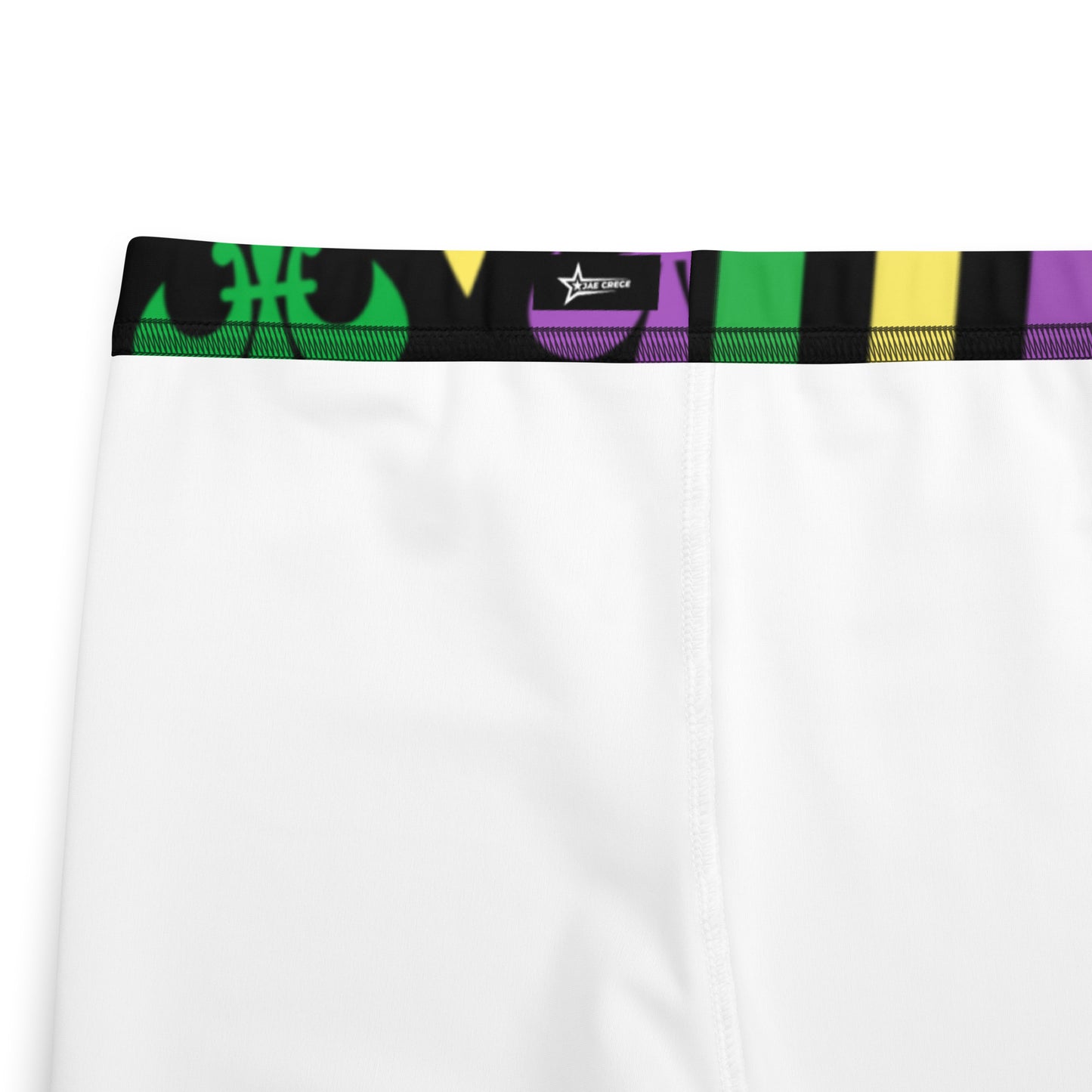 Alt text: "Mardi Gras Stripes and Fleur de Lis Youth Leggings, size 8-20. Black leggings with a fleur de lis pattern on one leg and bright green, purple, and yellow stripes on the other. Elastic, soft, and durable with vibrant colors. Part of a matching collection for younger children and women, each pair is precision-cut and hand-sewn for a perfect fit."