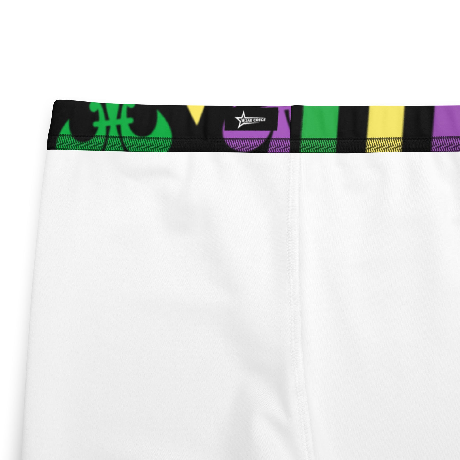 Alt text: "Mardi Gras Stripes and Fleur de Lis Youth Leggings, size 8-20. Black leggings with a fleur de lis pattern on one leg and bright green, purple, and yellow stripes on the other. Elastic, soft, and durable with vibrant colors. Part of a matching collection for younger children and women, each pair is precision-cut and hand-sewn for a perfect fit."