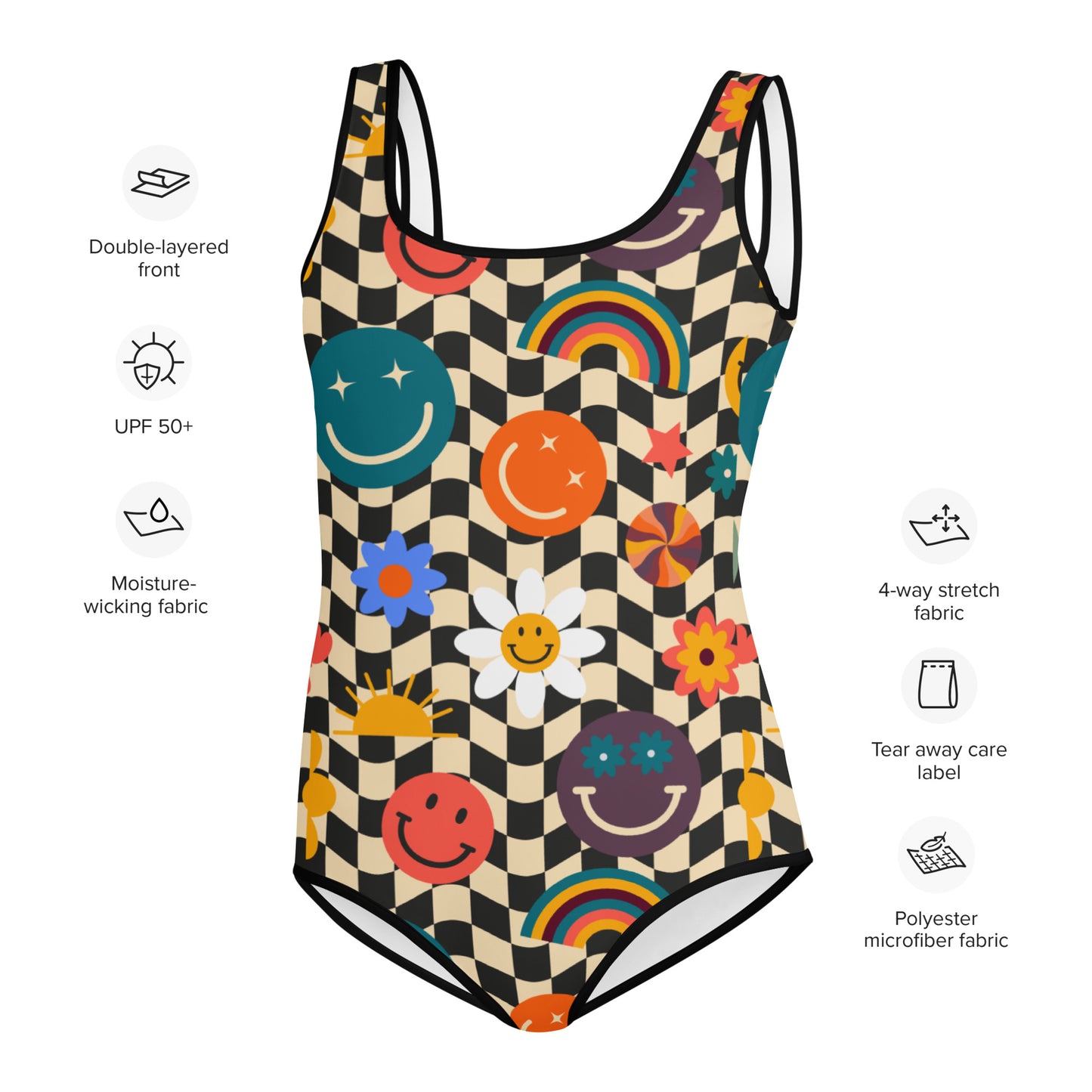 Smiley Face Checkerboard Girls One Piece Bathing Suit. This cute youth, teen or tween sized swimming suit features a black and khaki checkerboard background, with smiley face, rainbow and daisy graphics. It is perfect for vacation trips to the beach or pool. Family matching options available. By jaecrece.com