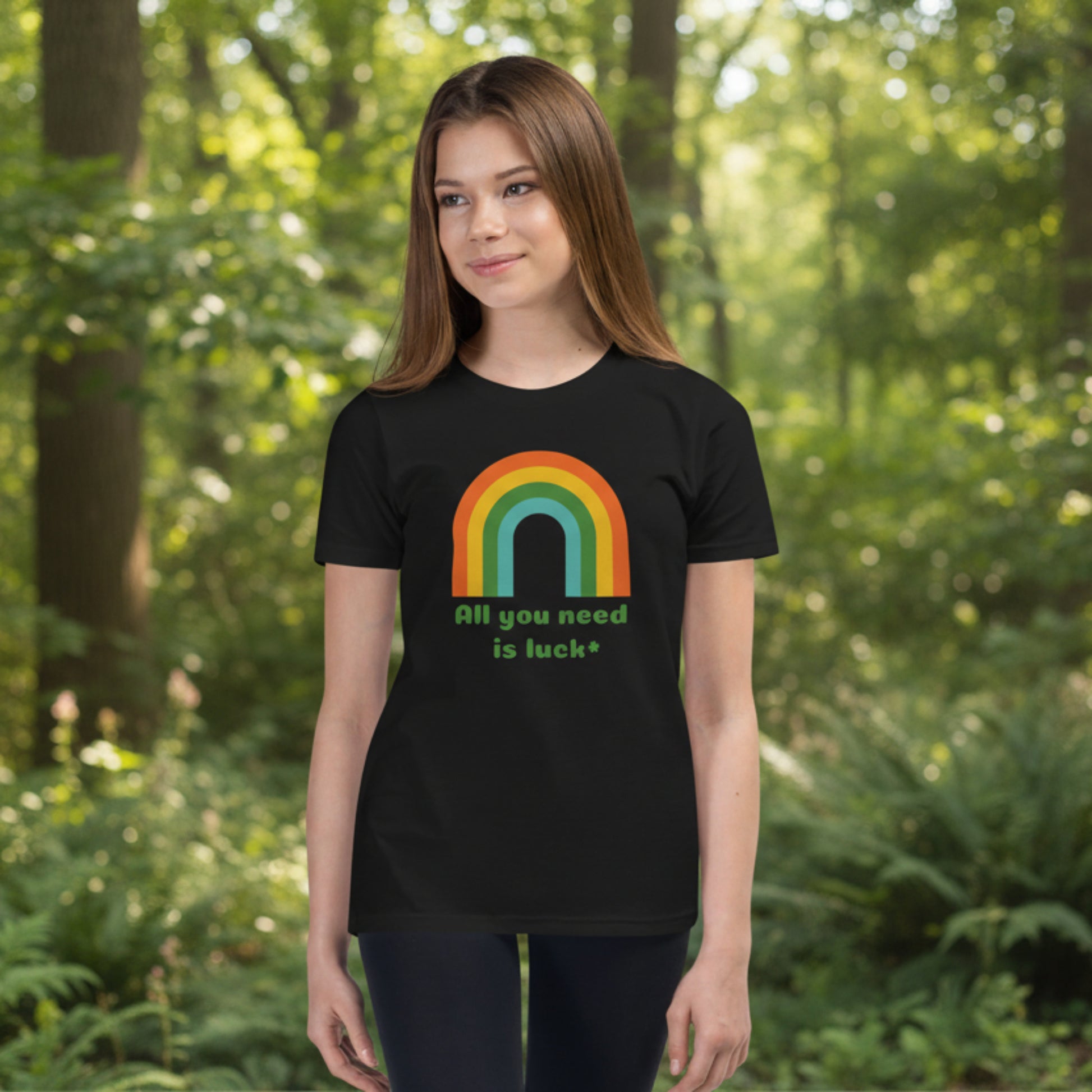 All You Need Is Luck youth St Patricks Day t shirt featuring a lucky shamrock clover design printed on a Bella Canvas 3001Y youth tee. Festive kids holiday shirt perfect for school celebrations, St Patrick's Day parades, and fun Irish themed outfits for boys and girls.