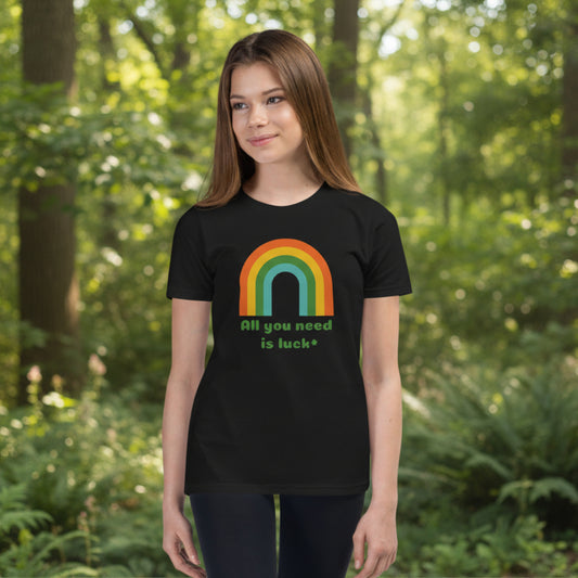 All You Need Is Luck youth St Patricks Day t shirt featuring a lucky shamrock clover design printed on a Bella Canvas 3001Y youth tee. Festive kids holiday shirt perfect for school celebrations, St Patrick's Day parades, and fun Irish themed outfits for boys and girls.