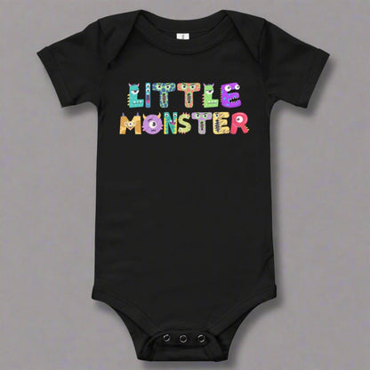 Baby onesie available in black or white. Features the words Little Monster, and each letter is in the shape of a cute cartoon monster, by jaecrece