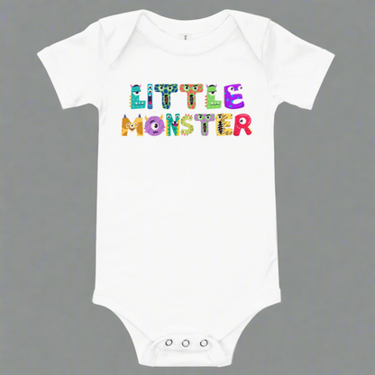 Baby onesie available in black or white. Features the words Little Monster, and each letter is in the shape of a cute cartoon monster, by jaecrece